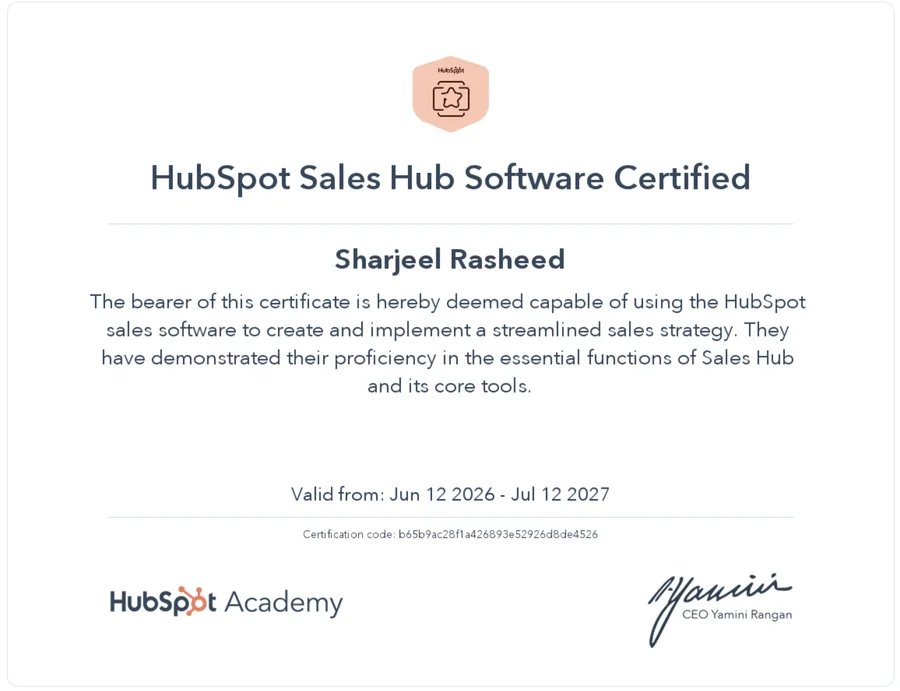 Sales Hub Software certificate, HubSpot Academy