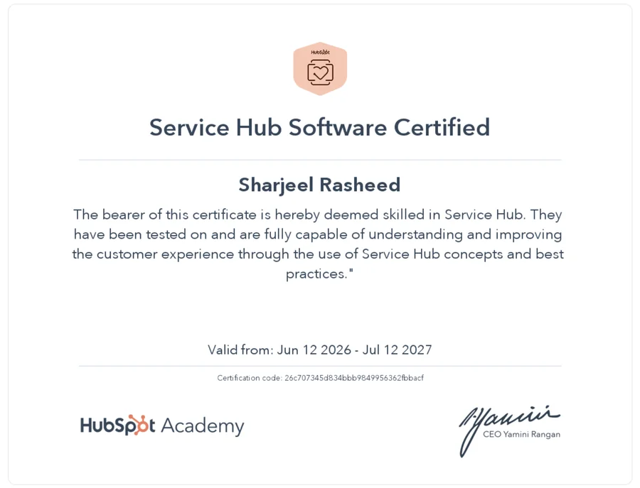 Service Hub Software certificate, HubSpot Academy
