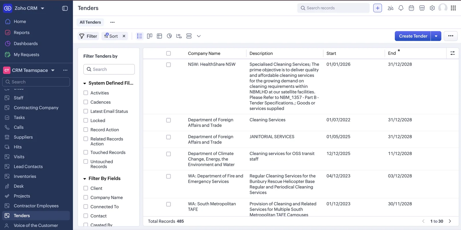 Tenders Module: 485 Records screenshot